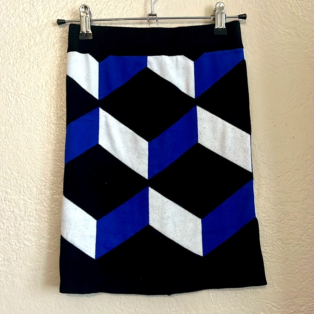 Black white and blue colorblock geometric knit skirt, size XS